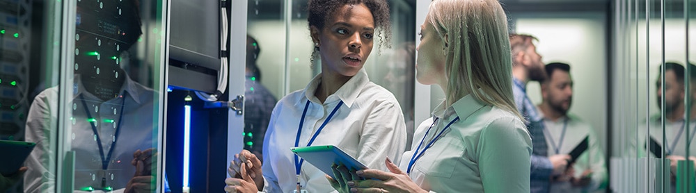 Two security consultants in a server room 