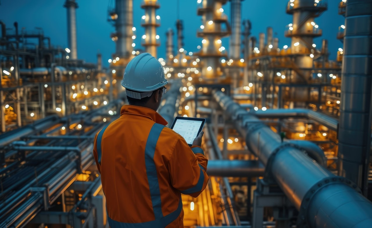 Worker using tablet on gantry at energy plant construction