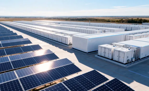 Solar panels and battery storage units at a solar farm