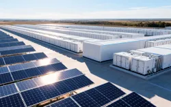 Solar panels and battery storage units at a solar farm