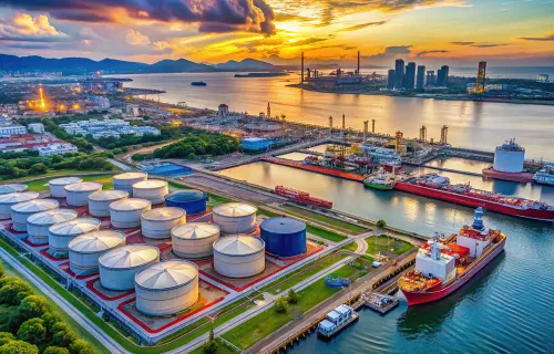 aerial view of oil terminal with storage tanks, ports and tankers