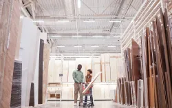 Wide angle of African American father and son shopping in hardware store